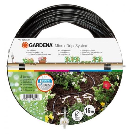 Шланг сочащийся для наземной прокладки 4.6 мм 15 м GARDENA для наземной установки предназначен для полива небольших участков с цветами и овощами, а также для полива посаженных в ряд растений.